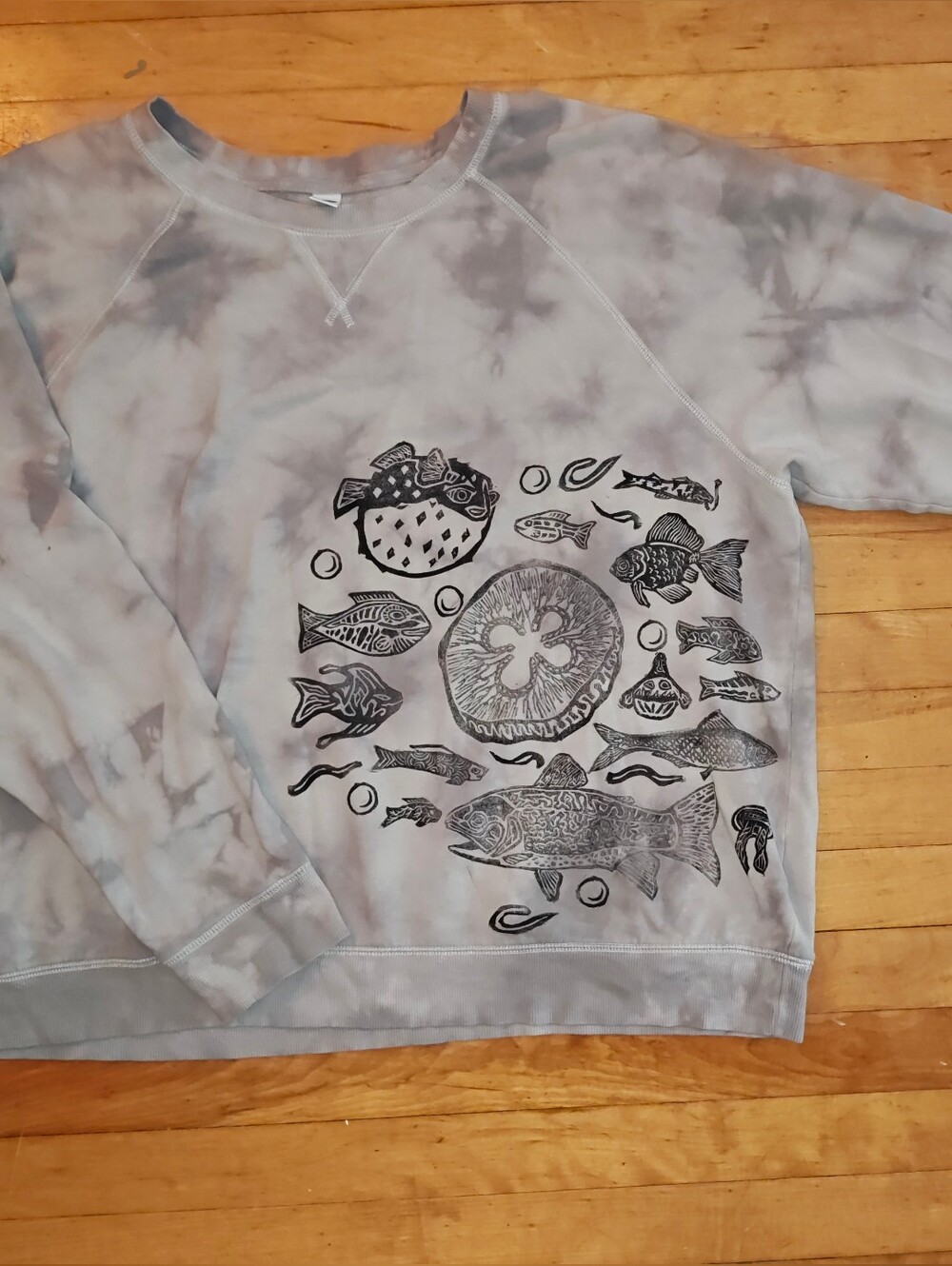 Thoughtfully Thrifted Hand Printed Fish Sweatshirt - Gray Lavender Tie Dye